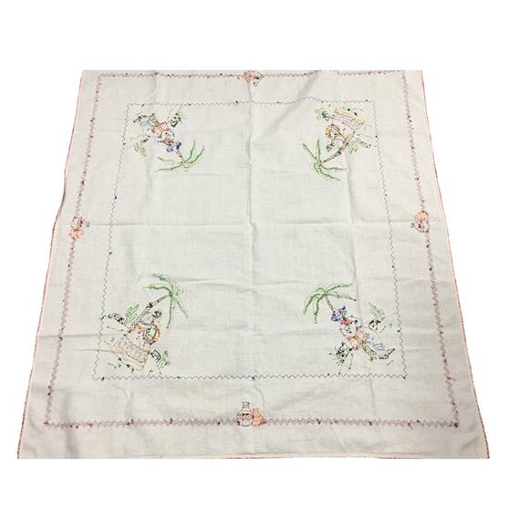 Vintage Handmade Embroidered Tablecloth Mexican Motif 40x46 Boho Folk Art - Picture 1 of 9